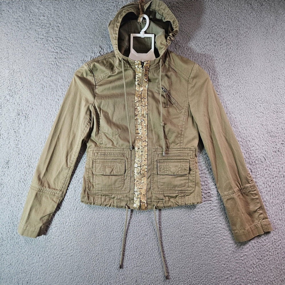 BCBGMaxazria Jacket w‎ Hoodie Women XS Sequin Trim Full Zip Khaki Green